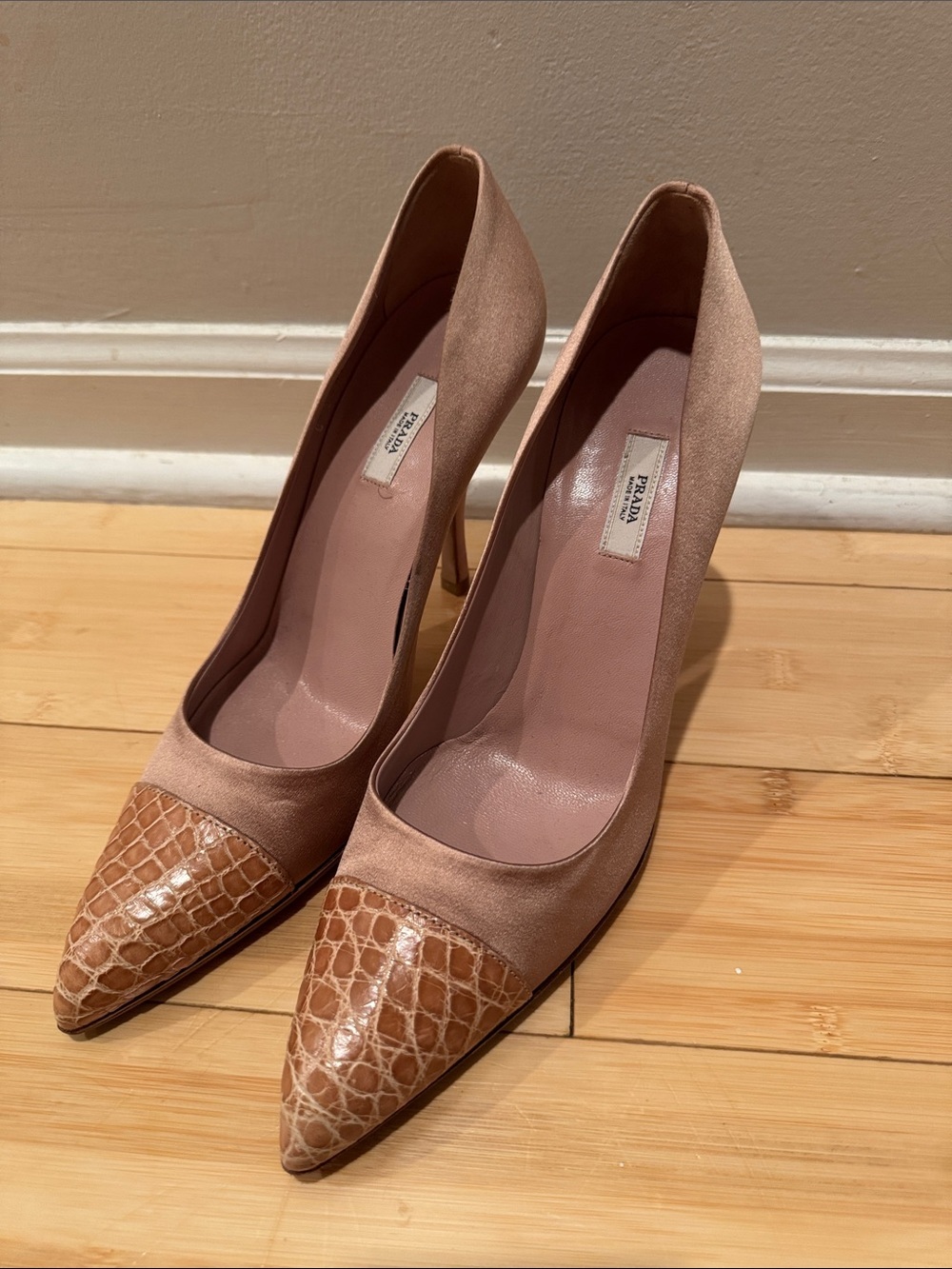 Prada Blush Pink Satin Pointed Toe Croc-Trim Stiletto Pumps 39